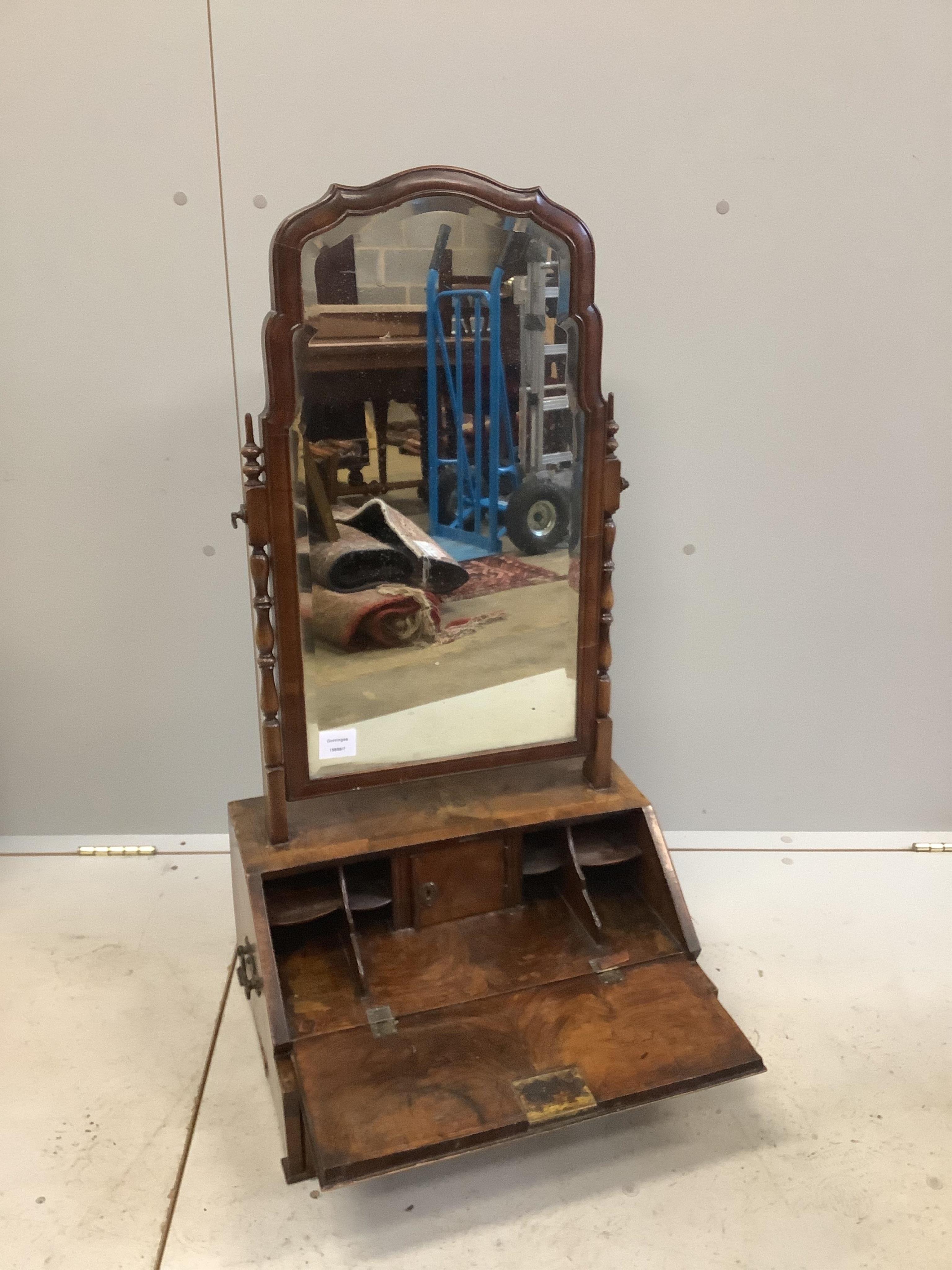 A Queen Anne revival walnut bureau combined toilet mirror, width 48cm, depth 34cm, height 91cm. Condition - fair